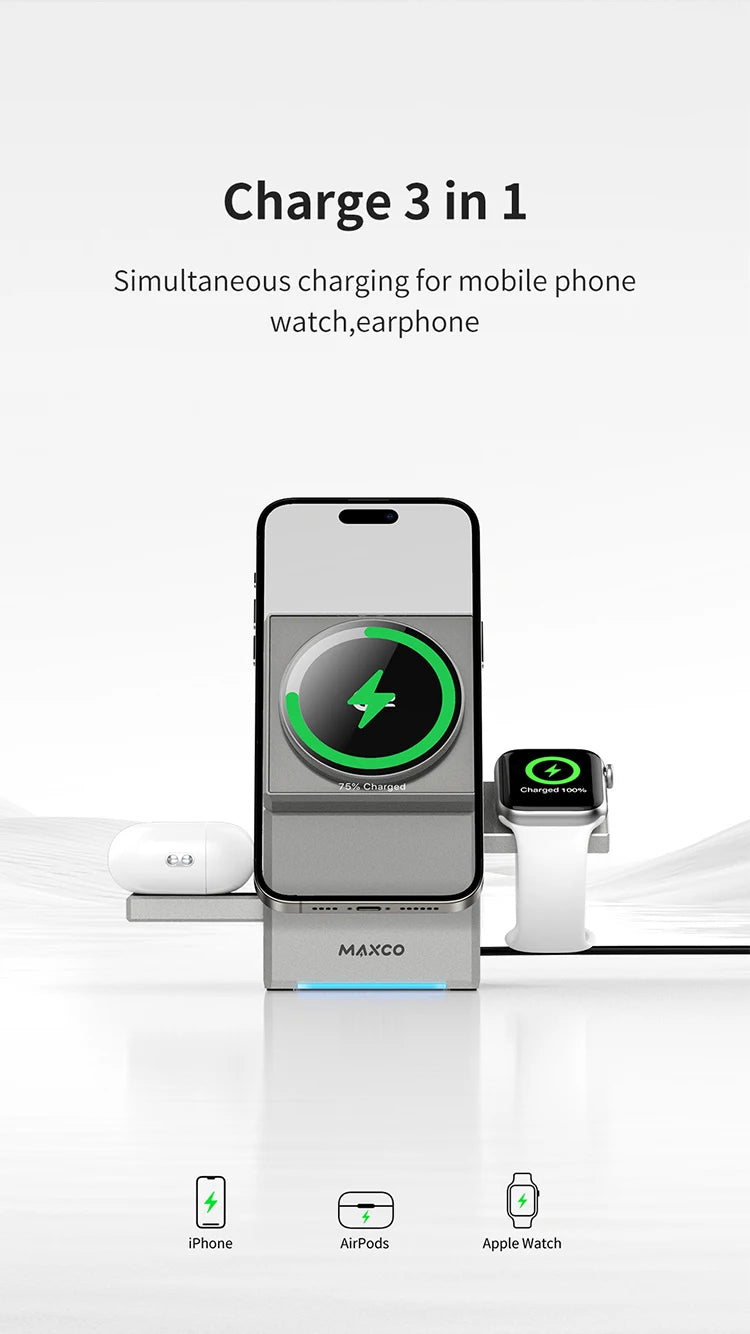 3-in-1 Wireless Charging Station for iPhone 16/15 Pro Max, AirPods, and Apple Watch